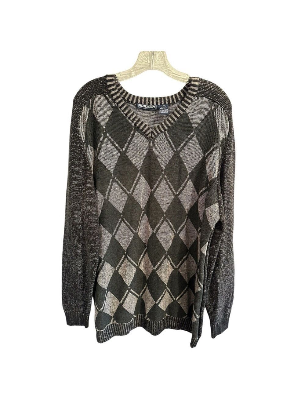 Blueprint Tight Knit Womens Large Long Pullover Sweater Cotton Gray Diamond